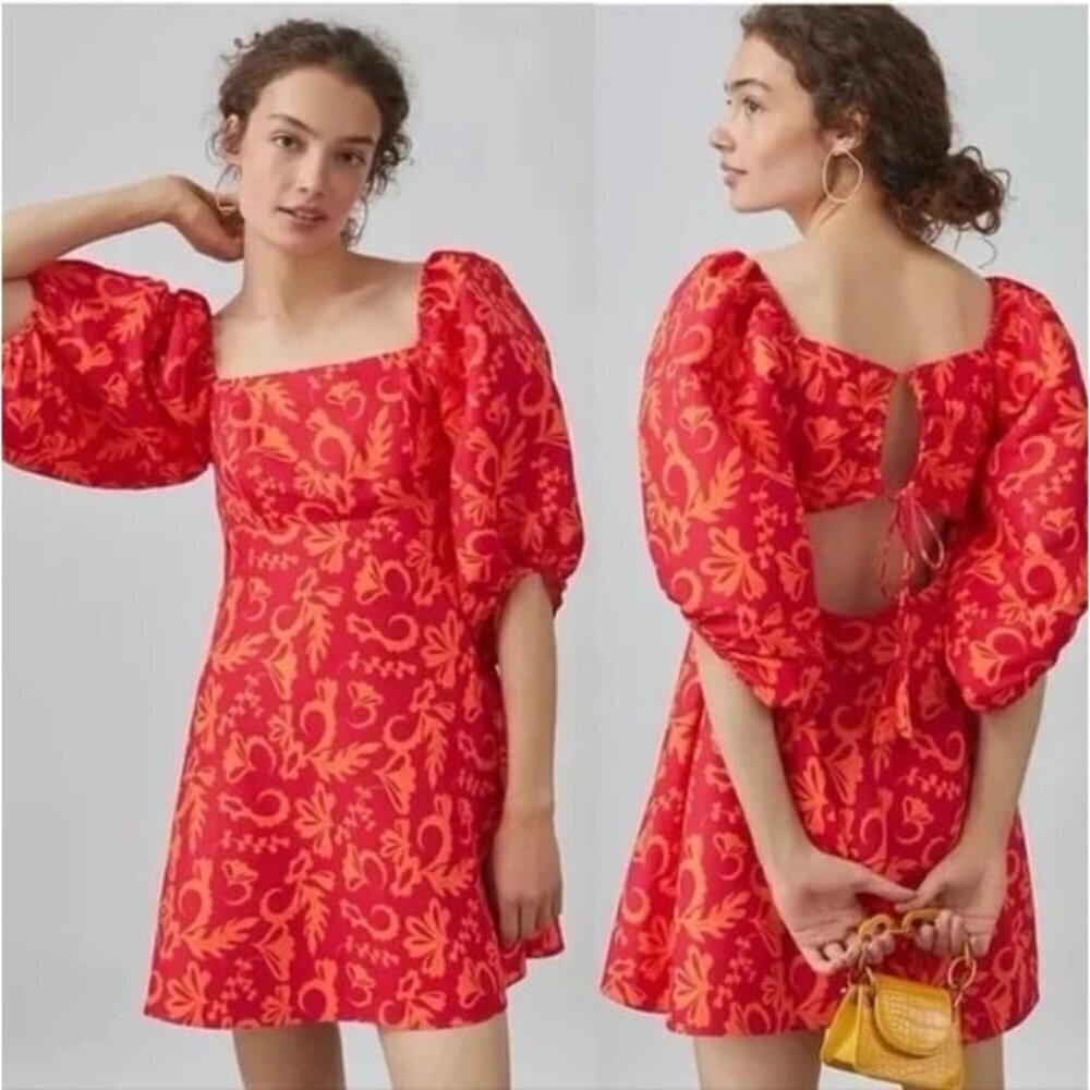 Anthropologie Sachin & Babi Puff-Sleeve V-Neck Taffeta Mini Dress